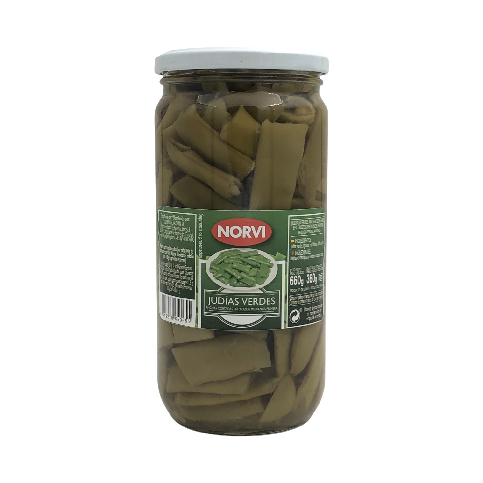 Judías verdes cocidas en envase de vidrio Norvi